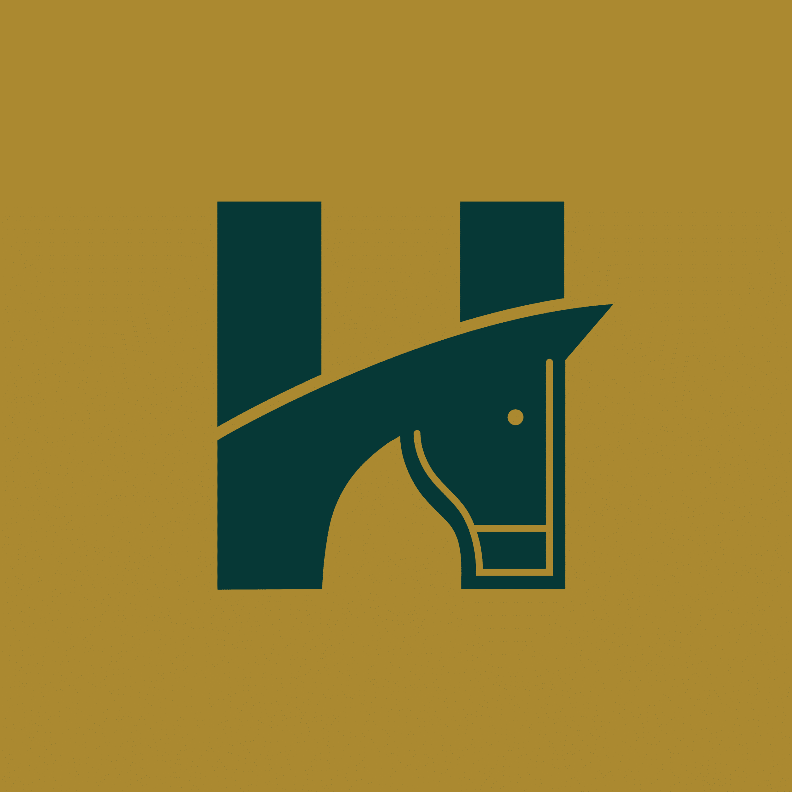 Abstract mustard background with dark teal geometric shapes suggesting industrial equipment, minimal composition.